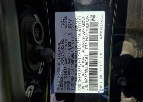 2020 Honda Civic Sport from USA, damaged, VIN 2HGFC2F84LH598511